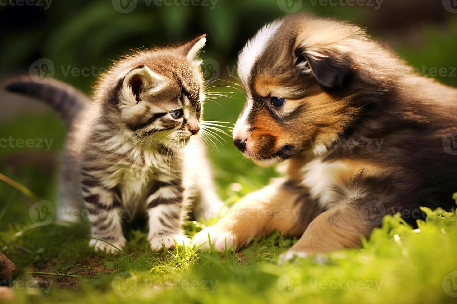 ai gerado pequeno lindo gatinho, cachorro jogar alegremente dentro a grama, borrado natureza fundo. foto