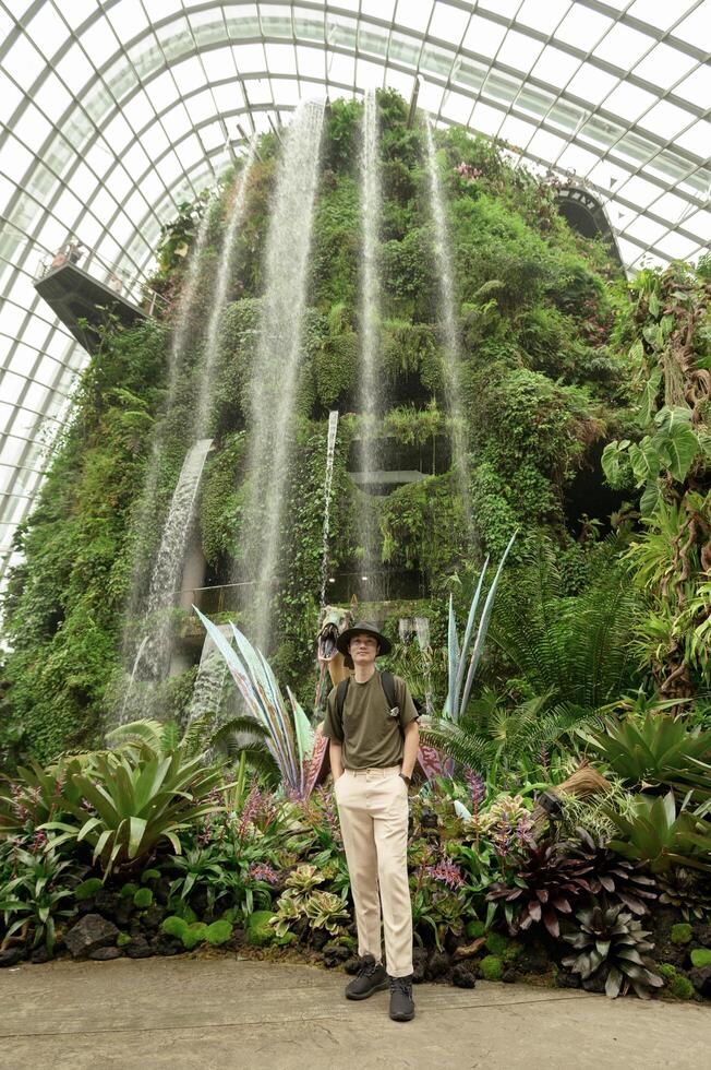 uma homem dentro nuvem floresta cúpula meio Ambiente às jardins dentro Cingapura foto