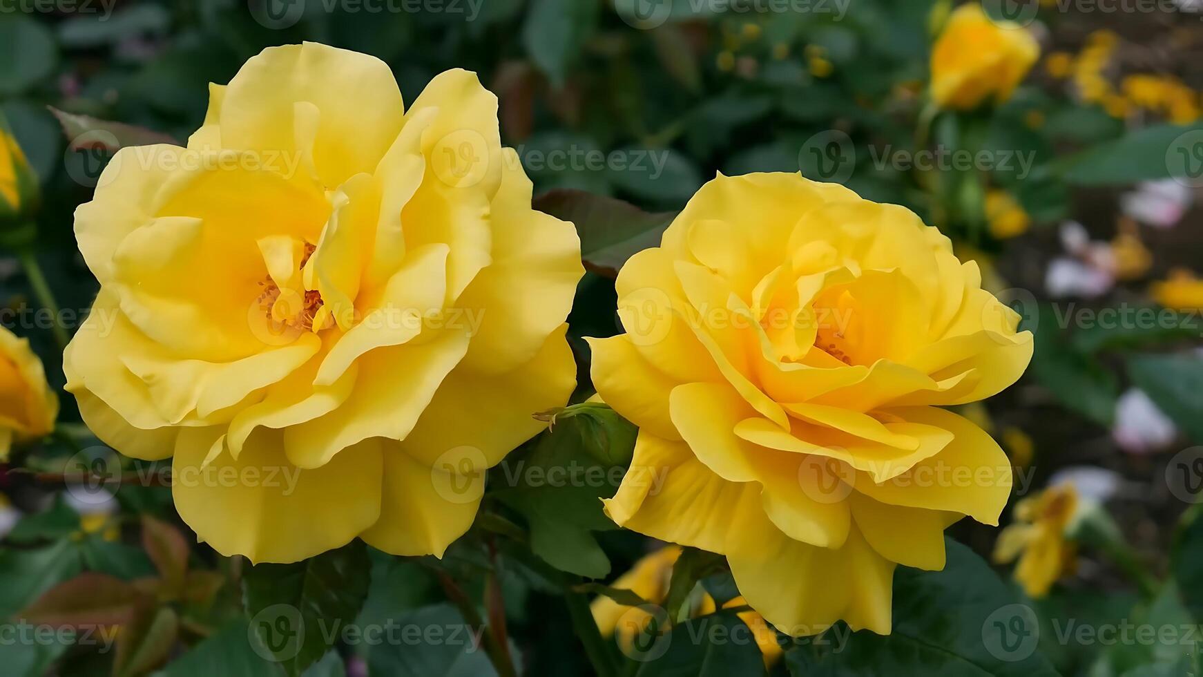 rosas amarelo laranja vermelho e branco uma flor cama em uma ensolarado verão dia. foto