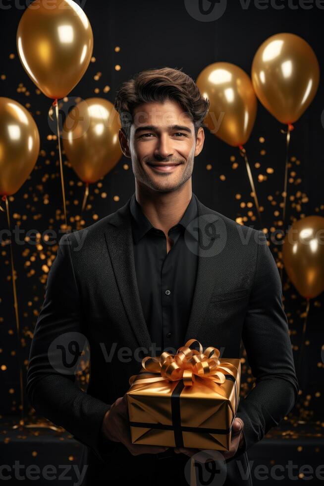 ai gerado feliz caucasiano aniversário homem segurando com presente caixa, Preto e ouro balões dentro a fundo. ai gerado foto