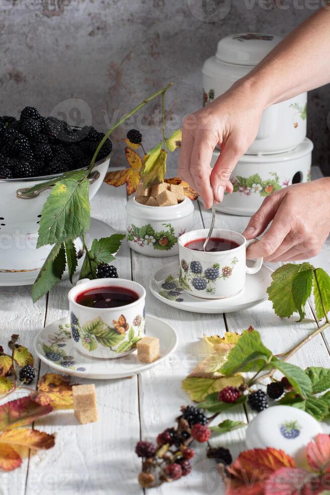 mulher mão mexe açúcar dentro porcelana retro copo do fruta chá, uma escorredor de macarrão cheio do maduro Amora silvestre, vintage ainda vida foto