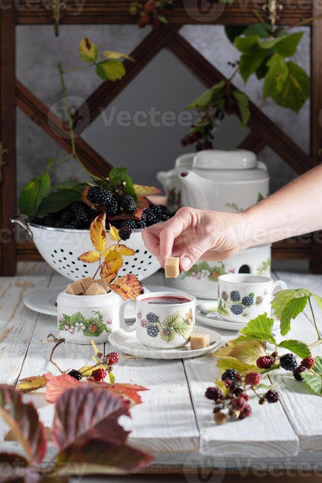 fruta chá com maduro Amora silvestre, vintage ainda vida com lindo retro conjunto foto