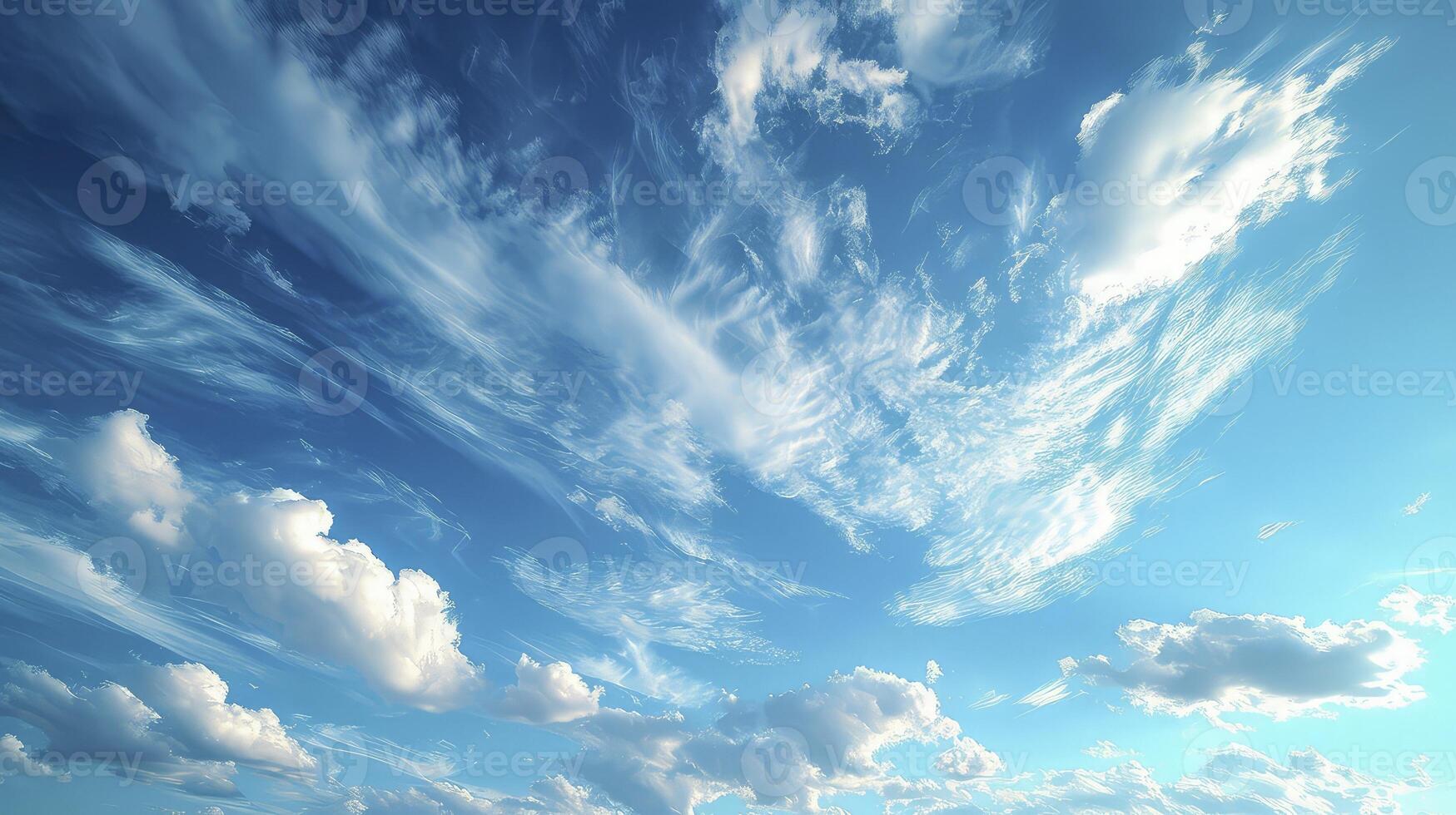 ai gerado uma lindo azul céu com uma fino camada do cirrostratus nuvens, adicionando uma mordeu do cintilação para a Claro céu. foto