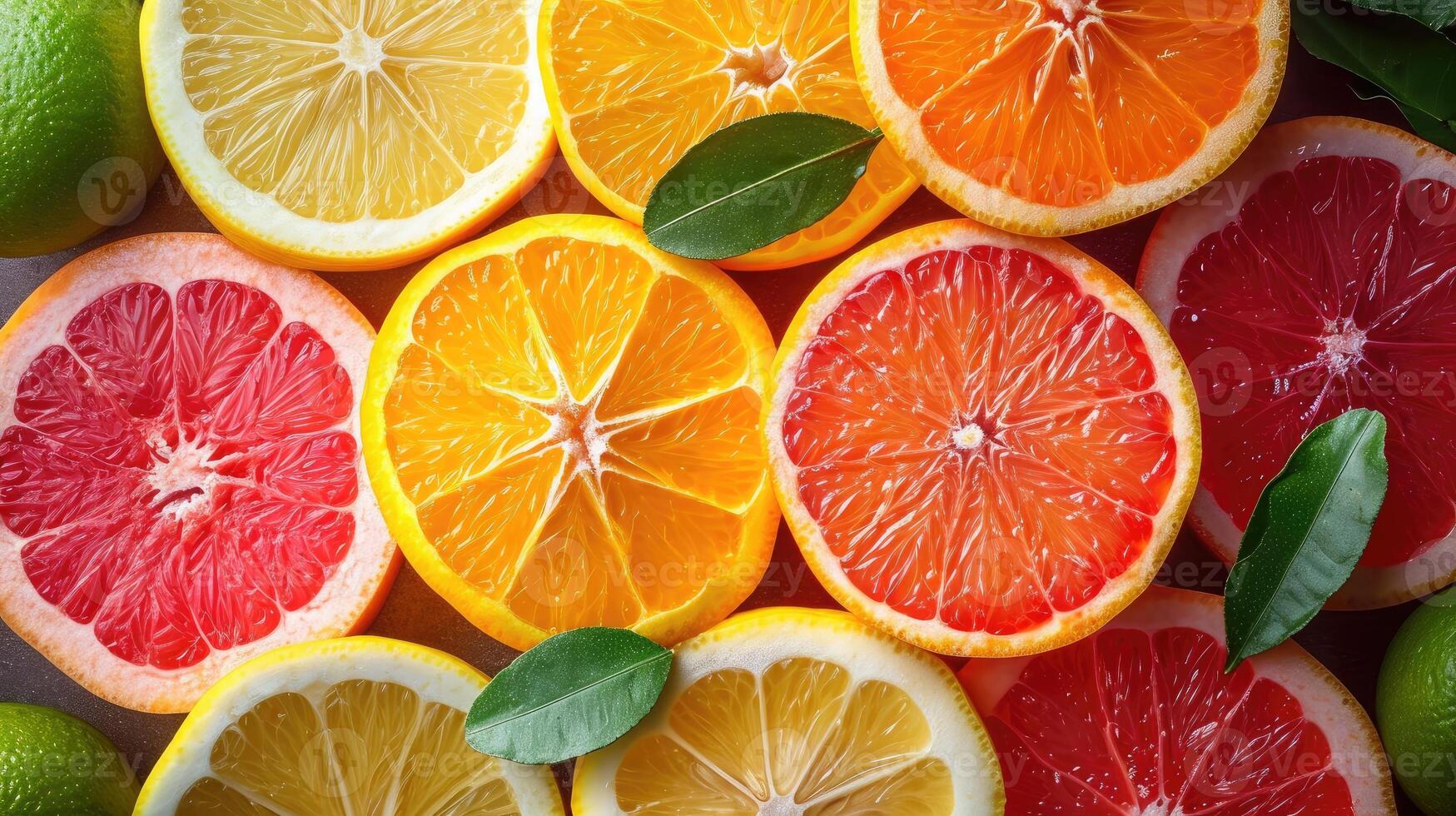 ai gerado a elegante fundo com fatias do vários citrino frutas gostar laranjas, limões, e limas arranjado artisticamente para uma frescor. foto