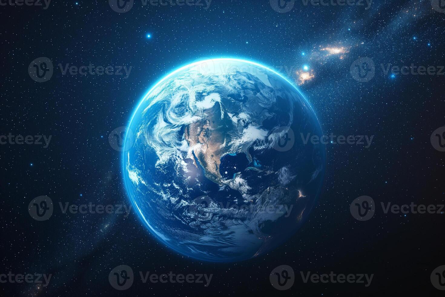 ai gerado planeta terra globo dentro a espaço, azul oceano e continentes foto