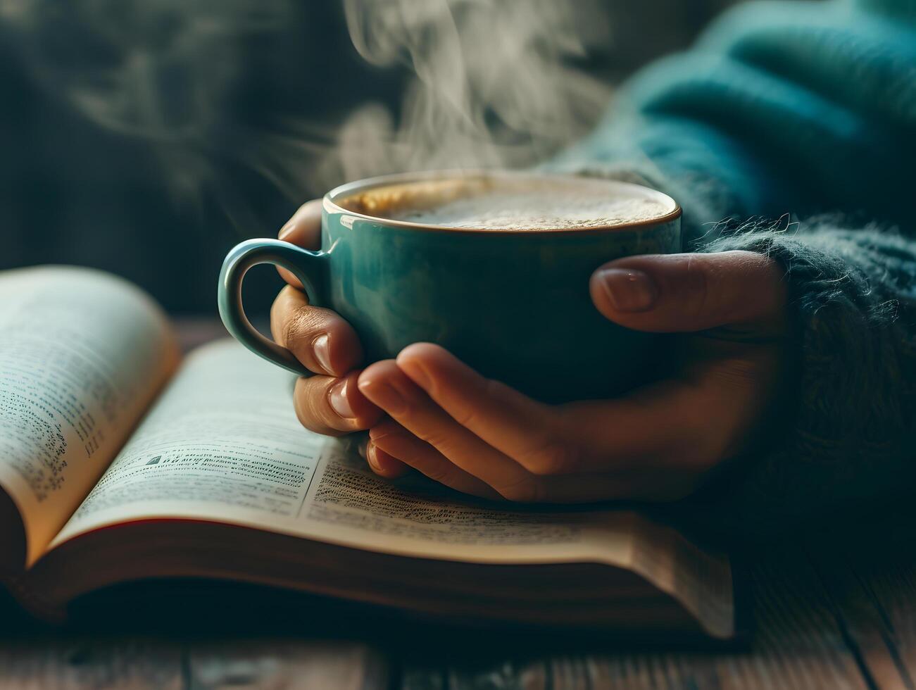 ai gerado jovem mulher leva uma pausa bebendo quente café com fumaça depois de lendo ou estudando em uma de madeira mesa. seletivo foco em copo foto