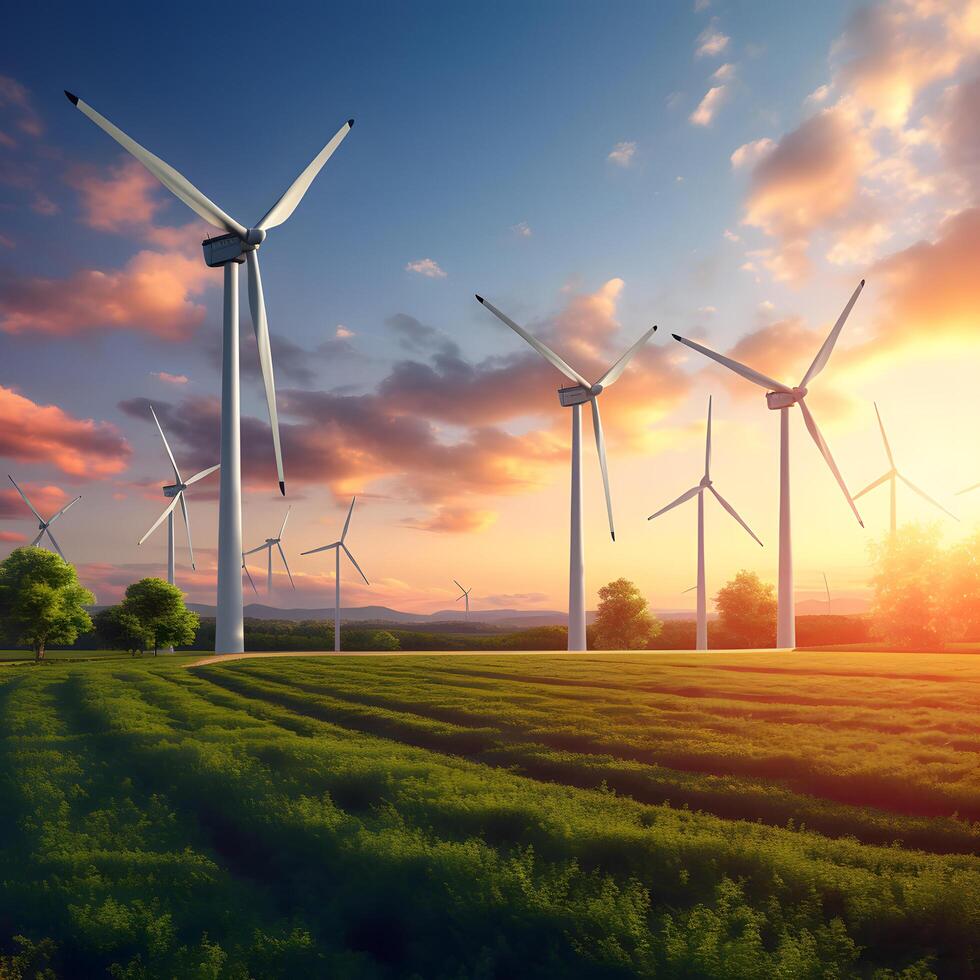 ai gerado vento turbinas em Colina e verde campo, lindo nascer do sol fundo dentro vento Fazenda. limpar \ limpo energia ou ambientalmente sustentável energia. foto