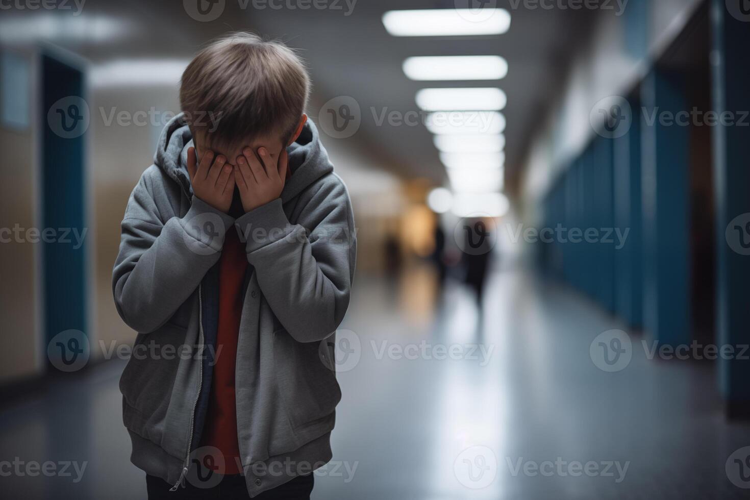 ai gerado chateado Garoto coberto dele face com mãos em pé sozinho dentro escola corredor. Aprendendo dificuldades, emoções, assédio moral dentro escola foto