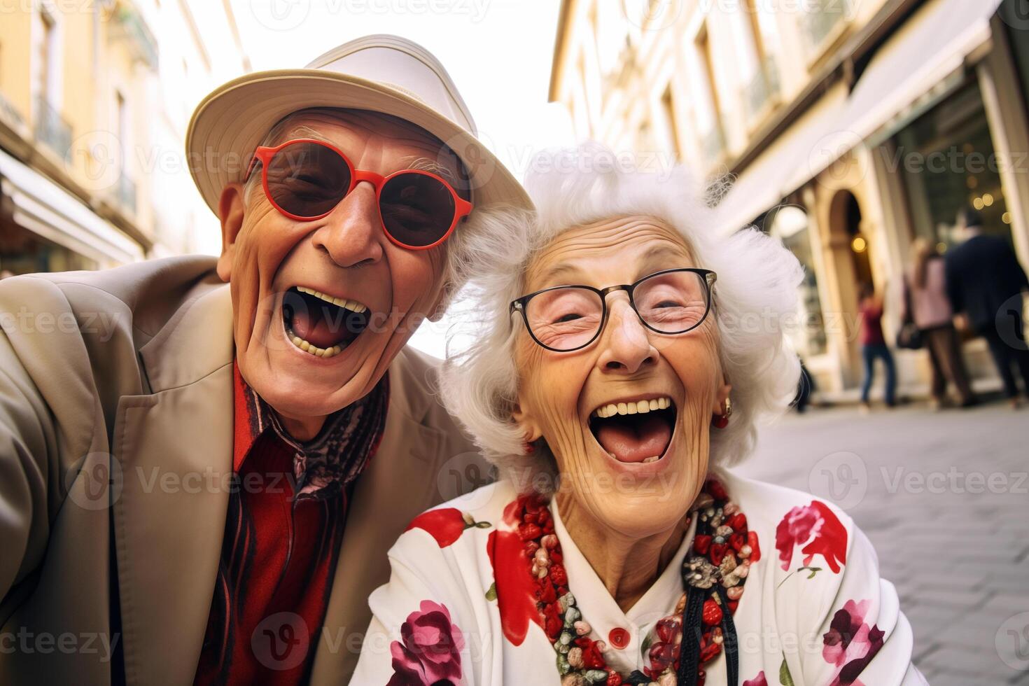ai gerado idosos casal rindo e levando selfie foto
