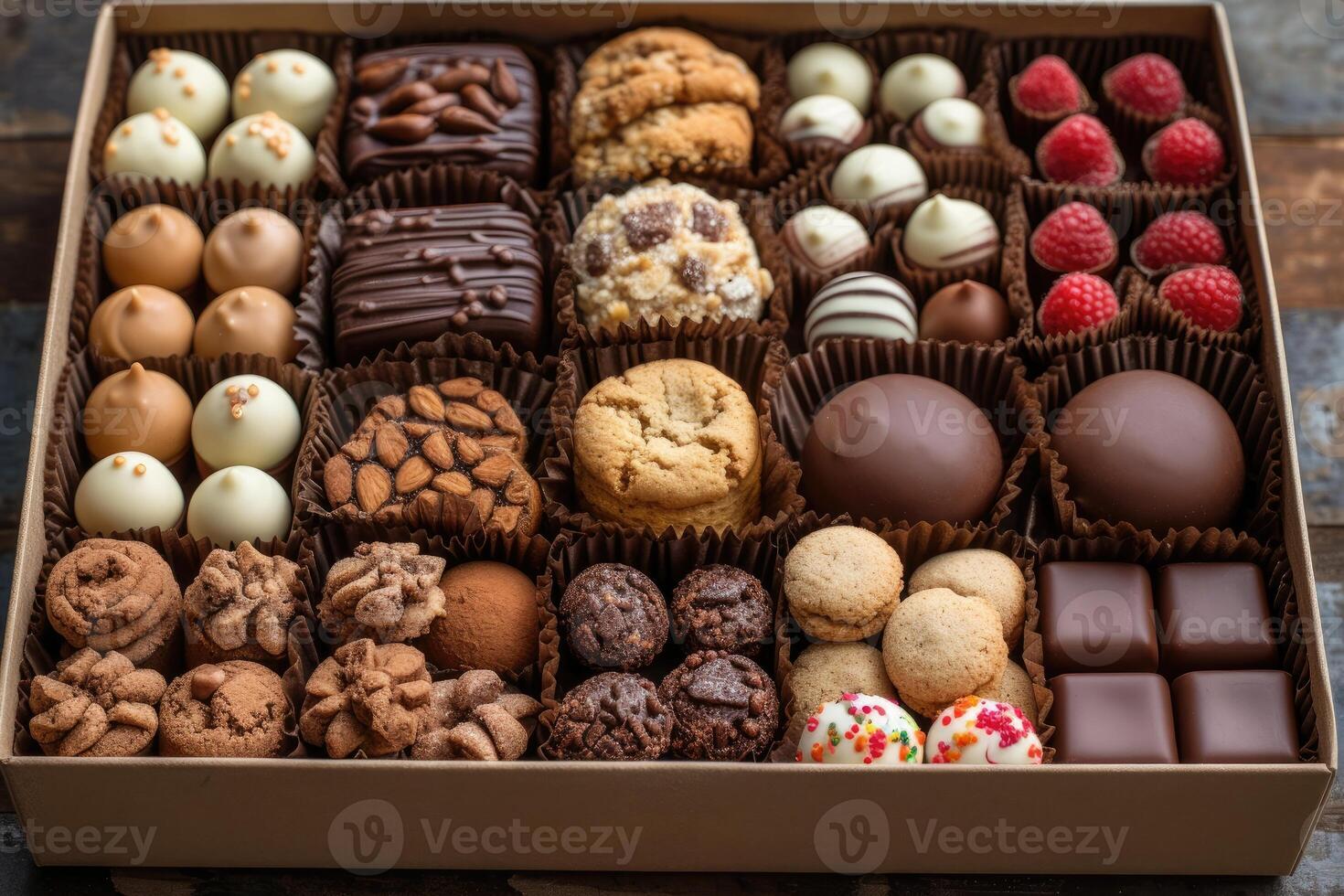 ai gerado uma ampla presente caixa preenchidas com uma variedade do chocolates e biscoitos profissional publicidade Comida fotografia foto