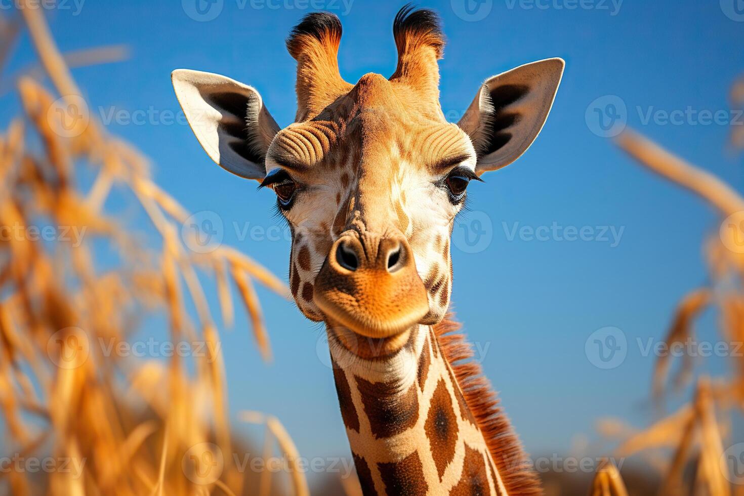 ai gerado retrato do uma girafa contra a azul céu. gerado de artificial inteligência foto