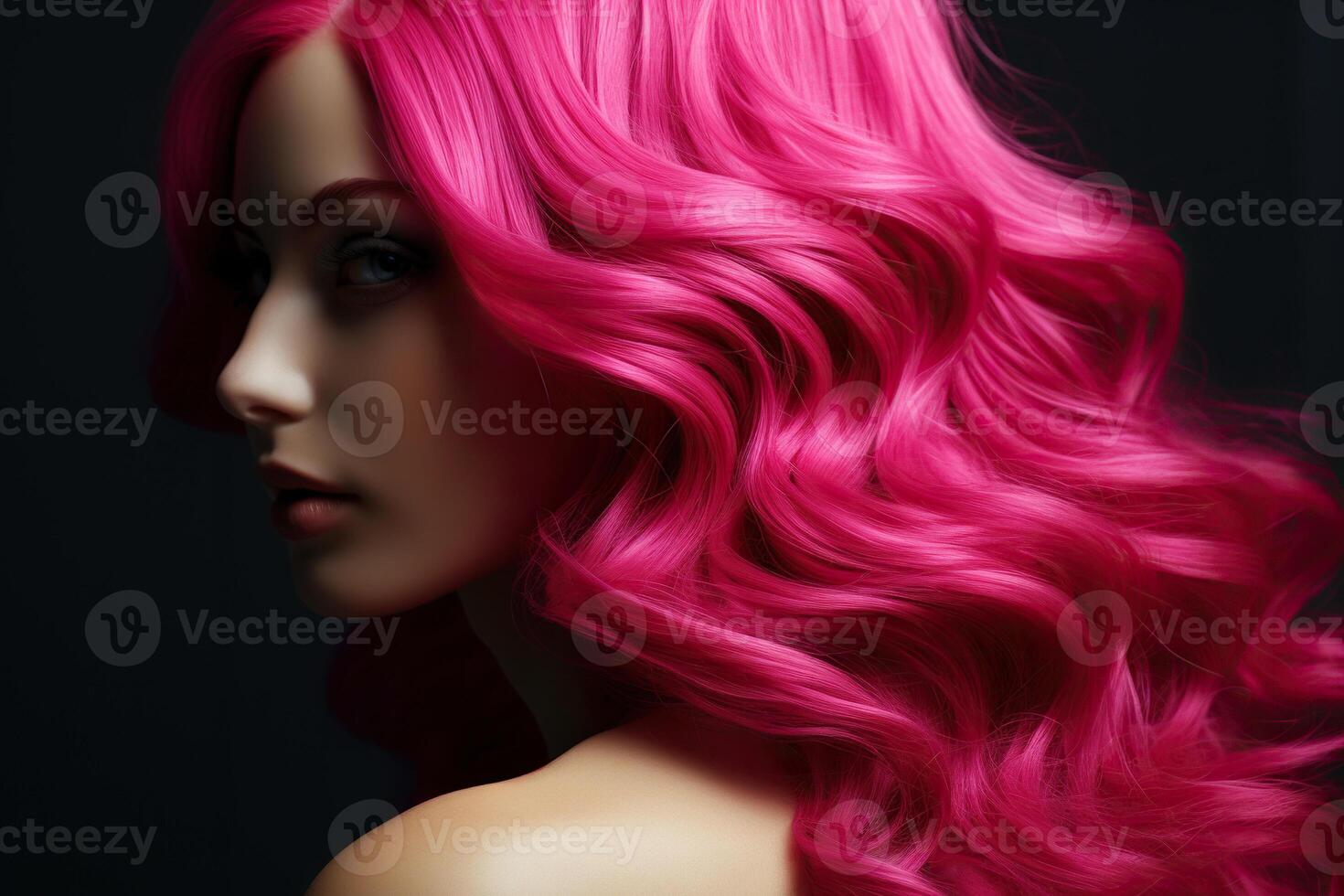 ai gerado Rosa cabelo fechar-se. mulheres grandes Rosa cabelo. lindo estilo do ondulado brilhante cachos. cabelo coloração. gerado de artificial inteligência foto