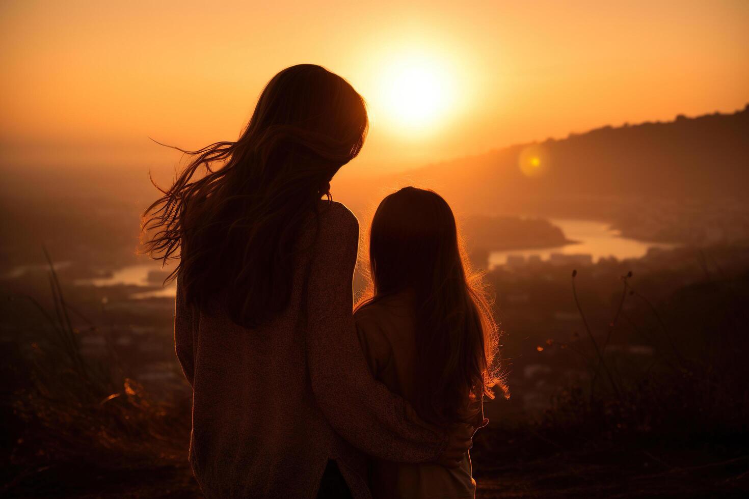 ai gerado silhueta do mãe e filha abraçando cada de outros dentro a pôr do sol claro. gerado de artificial inteligência foto