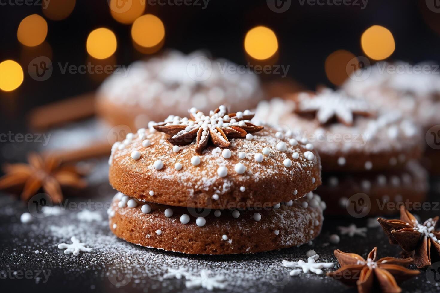 ai gerado caseiro gengibre biscoitos com Estrela anis e em pó açúcar. gerado de artificial inteligência foto