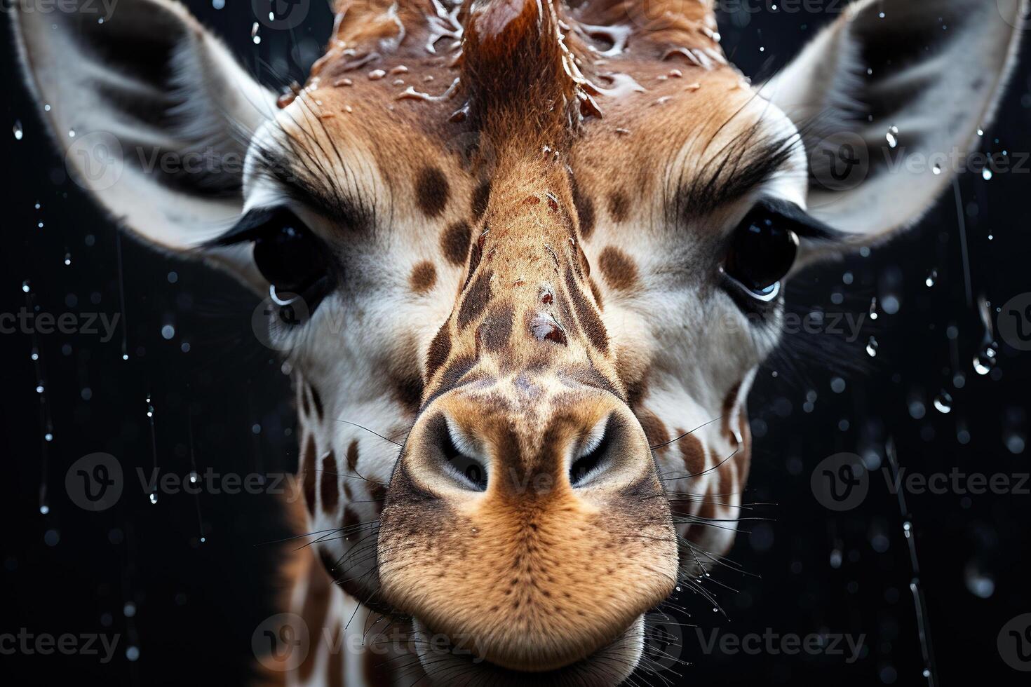 ai gerado retrato do a adulto girafa com água gotas em uma Preto fundo. gerado de artificial inteligência foto