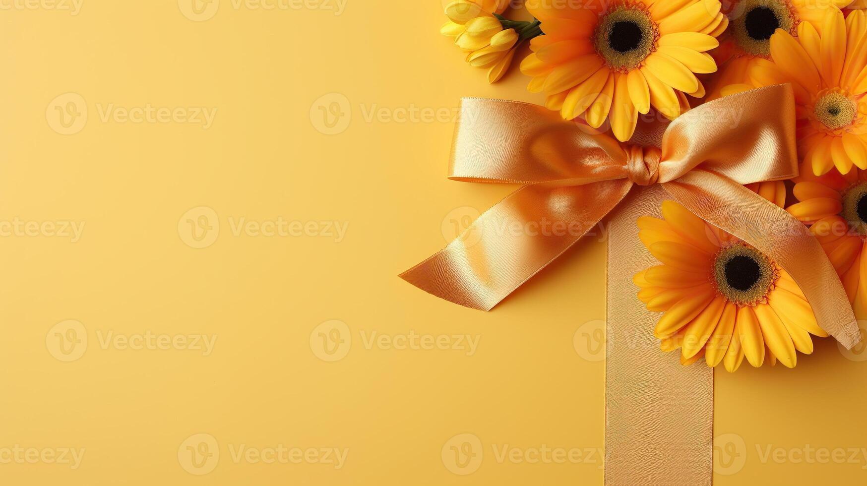 ai gerado amarelo cetim fita e arco com flores em uma amarelo fundo. gerado de artificial inteligência foto