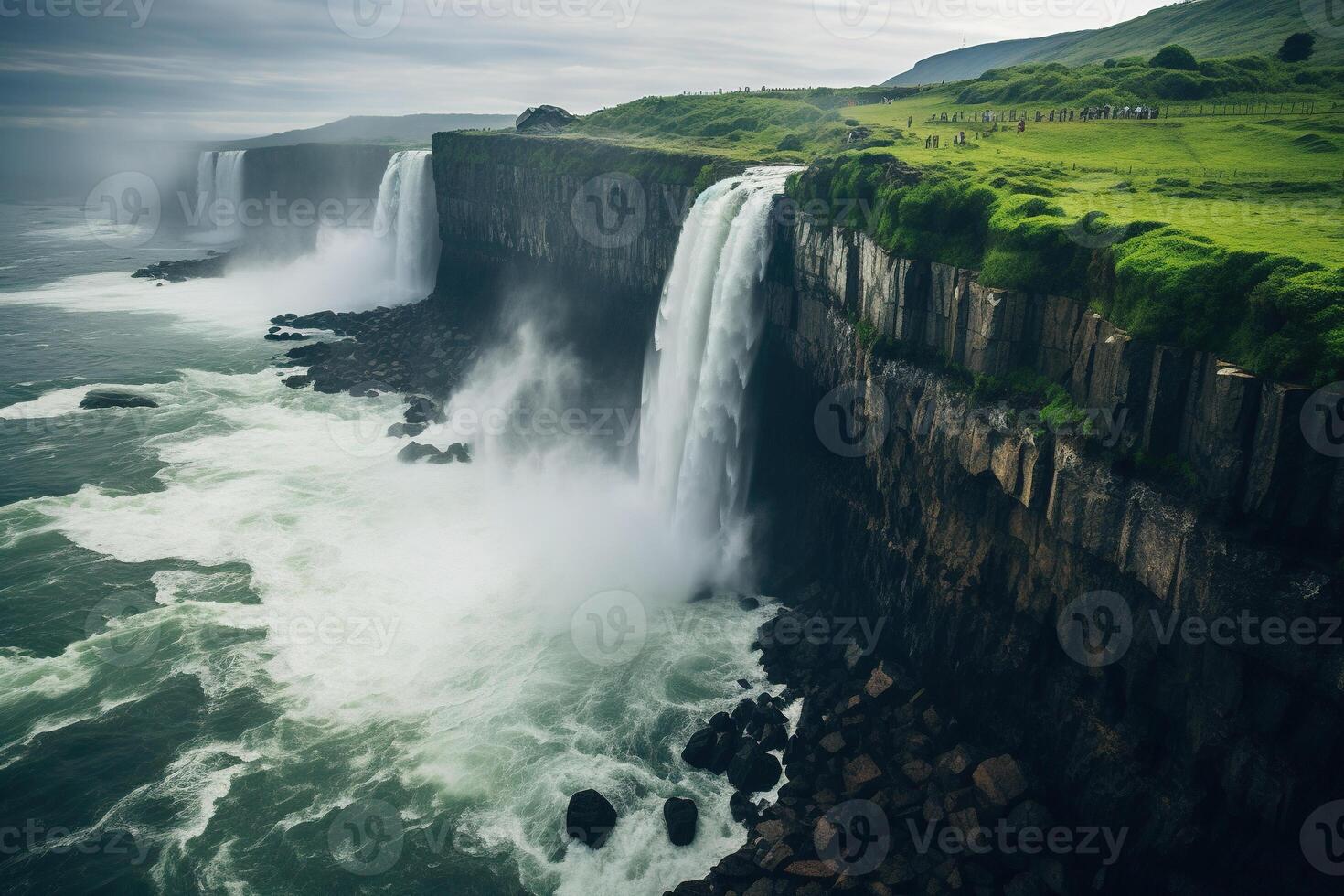 ai gerado topo Visão do uma ampla lindo cascata dentro a pedras. gerado de artificial inteligência foto