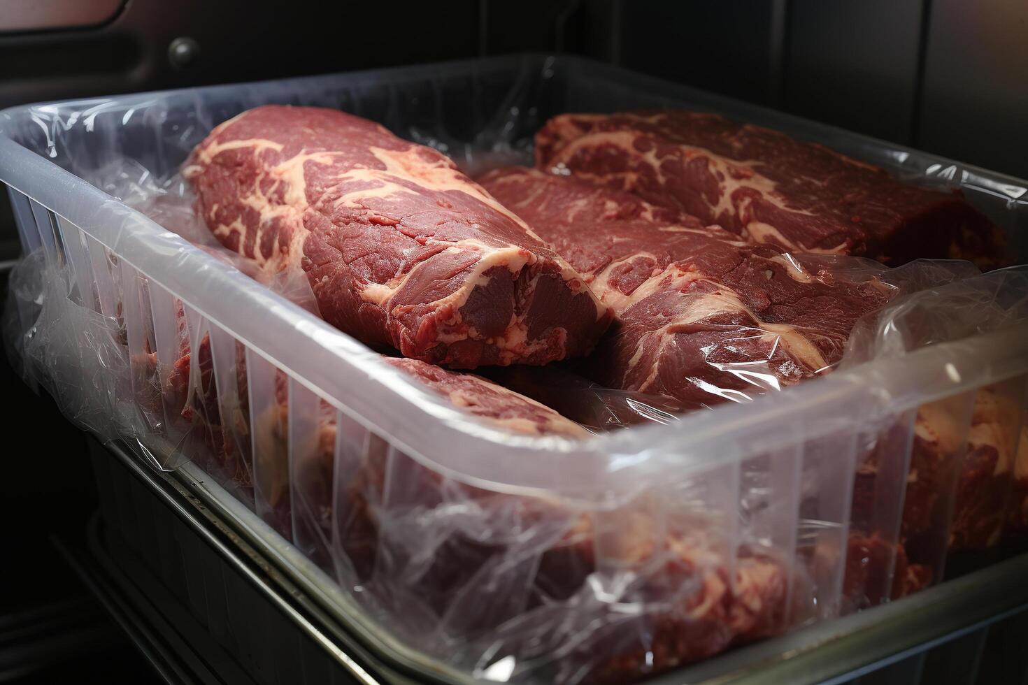 ai gerado peças do carne embalado para congelando dentro a congelador. congeladas Comida. gerado de artificial inteligência foto