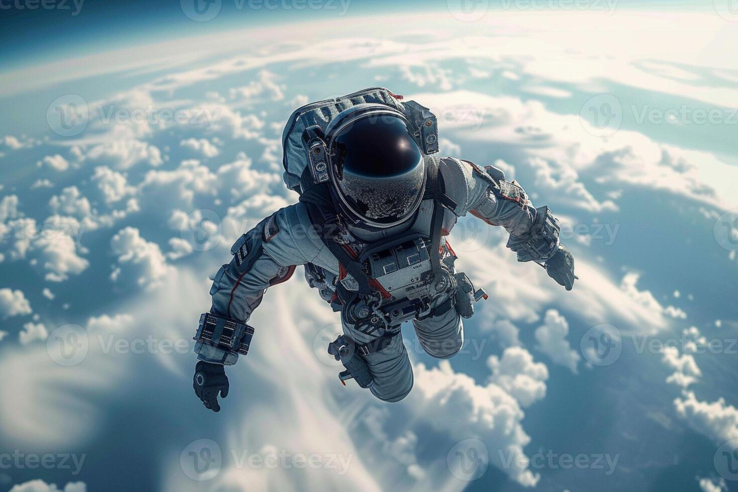ai gerado aventureiro cena futurista soldado vôo Alto dentro uma azul céu foto