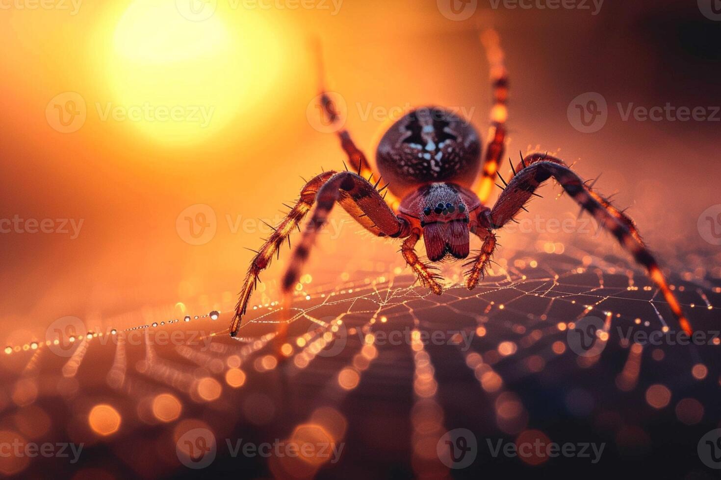ai gerado aranha rasteja em uma orvalhado rede, recortado contra uma pôr do sol foto