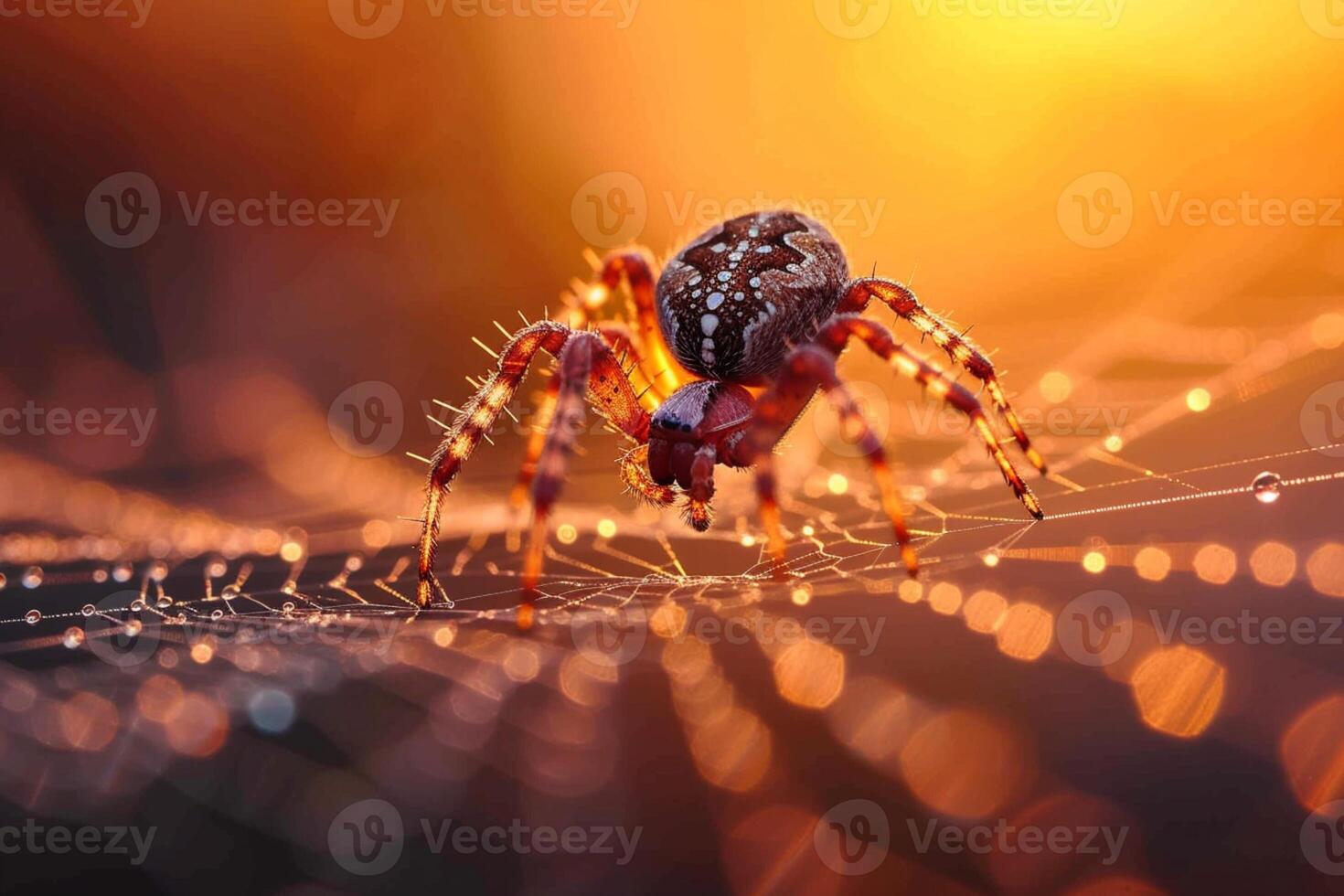 ai gerado naturezas drama aranha rasteja em uma orvalhado rede às pôr do sol foto
