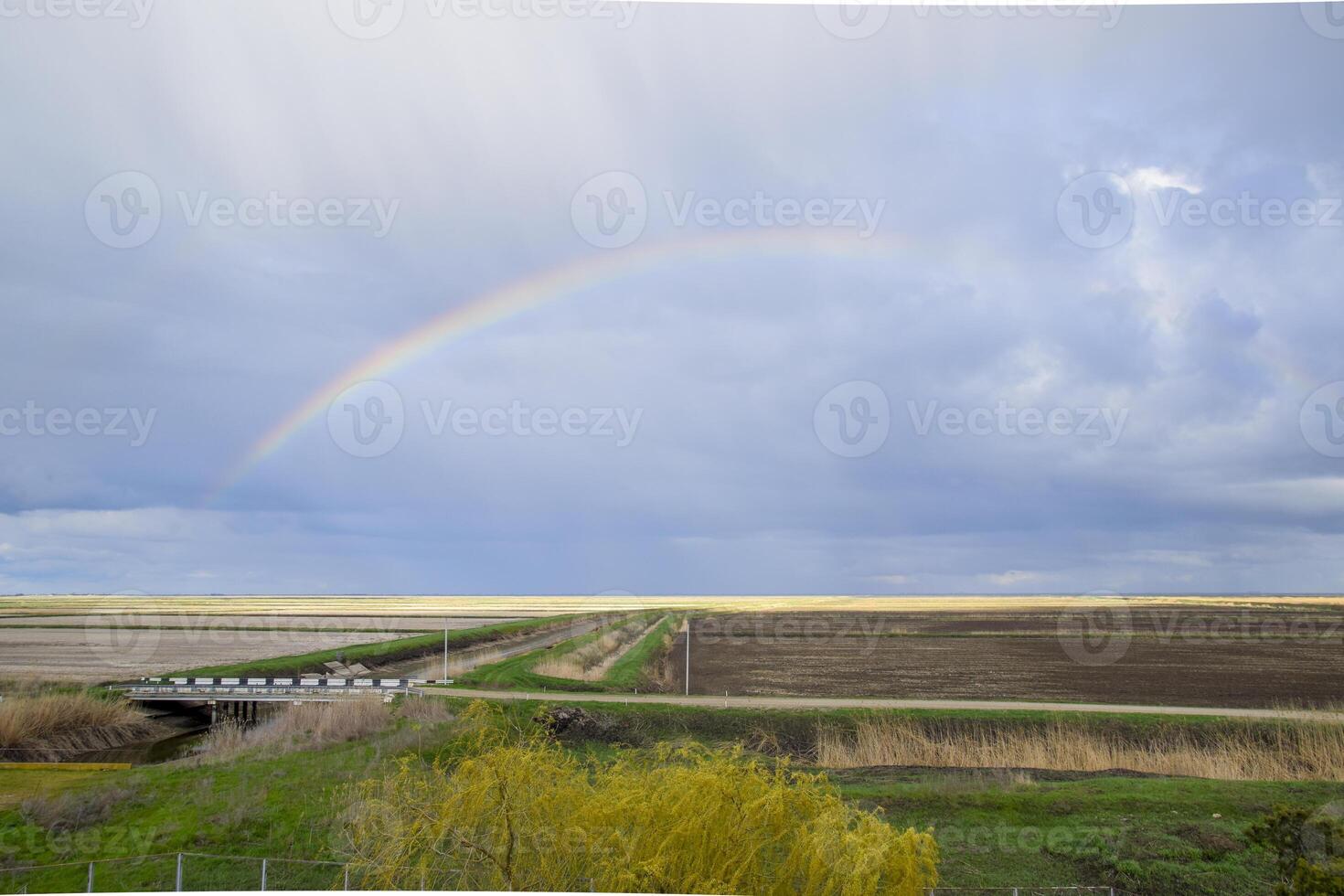 arco-íris, uma Visão do a panorama dentro a campo. formação do a foto