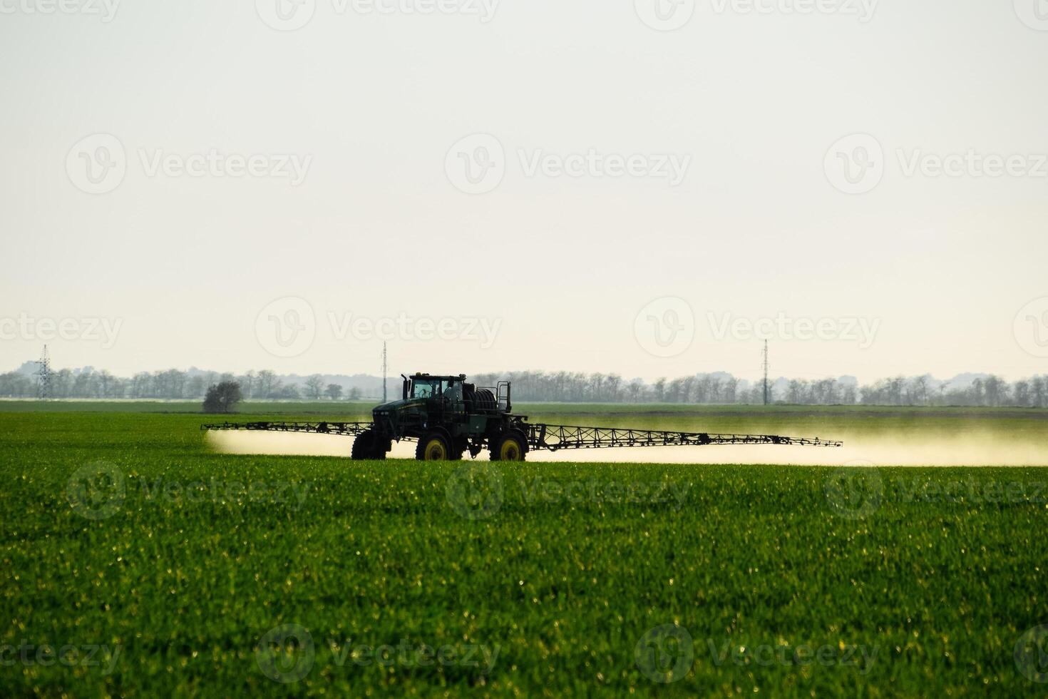 trator com a Socorro do uma pulverizador sprays líquido fertilizantes em jovem trigo dentro a campo. foto