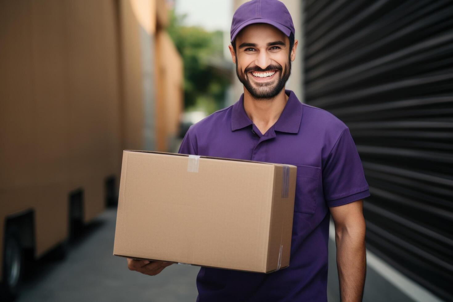 ai gerado uma Entrega homem sorridente Como ele detém acima uma caixa. foto