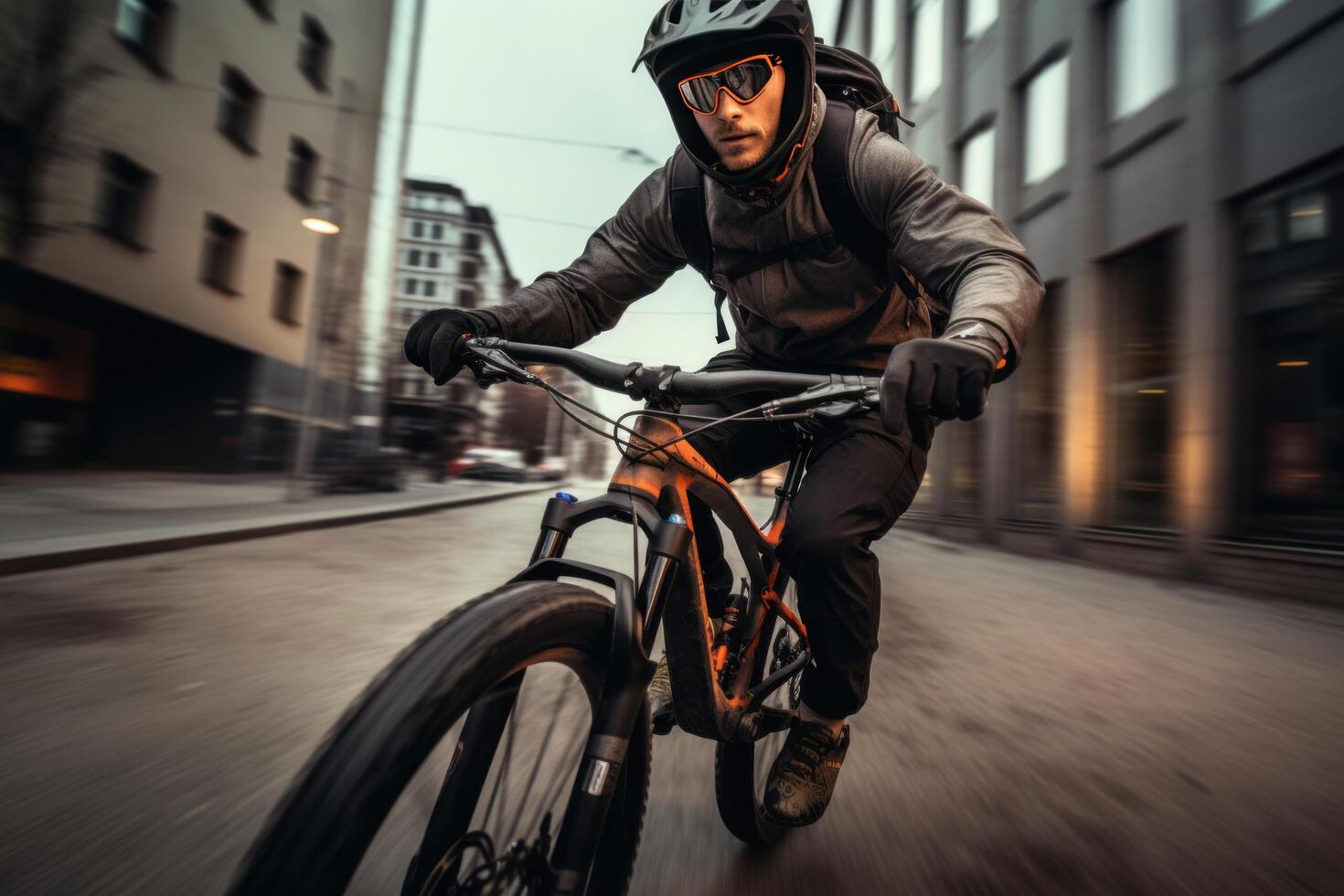 ai gerado a montanha bicicleta motorista é equitação em a rua dentro a cidade foto