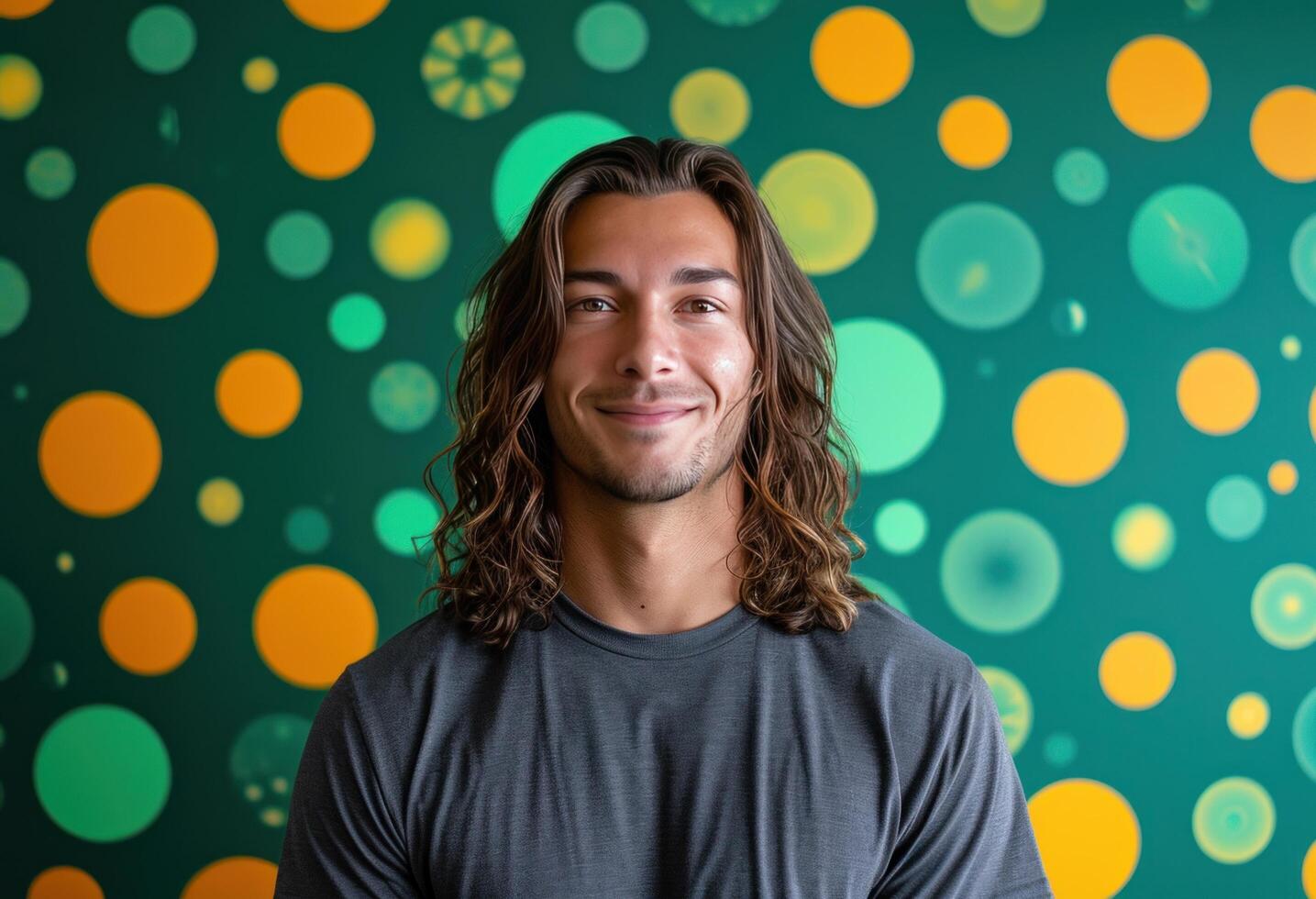 ai gerado greeen fundo com homem dentro grandes cabelo sorridente foto