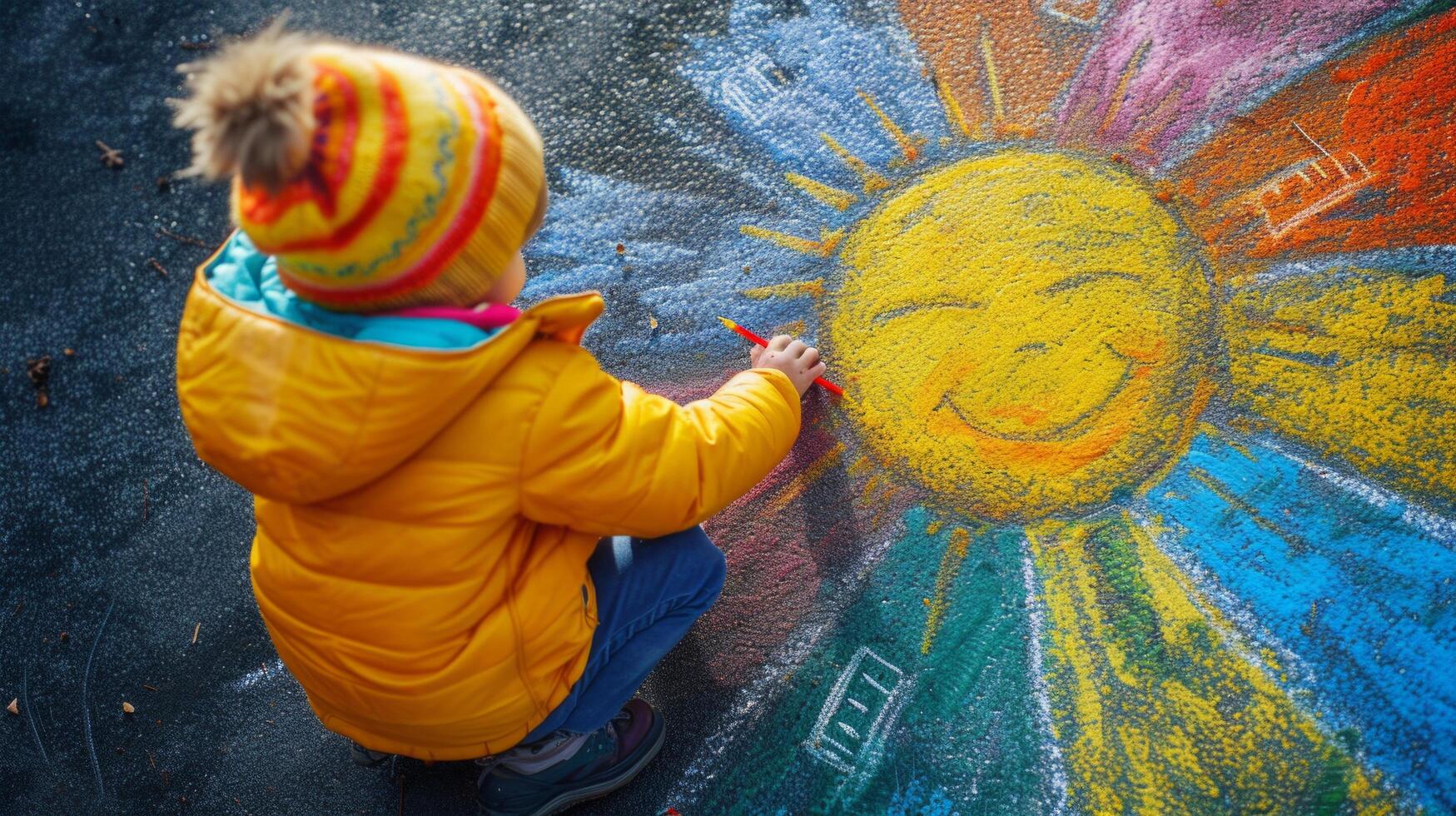 ai gerado uma criança desenha a Sol com giz de cera em a asfalto. Primavera ensolarado dia foto