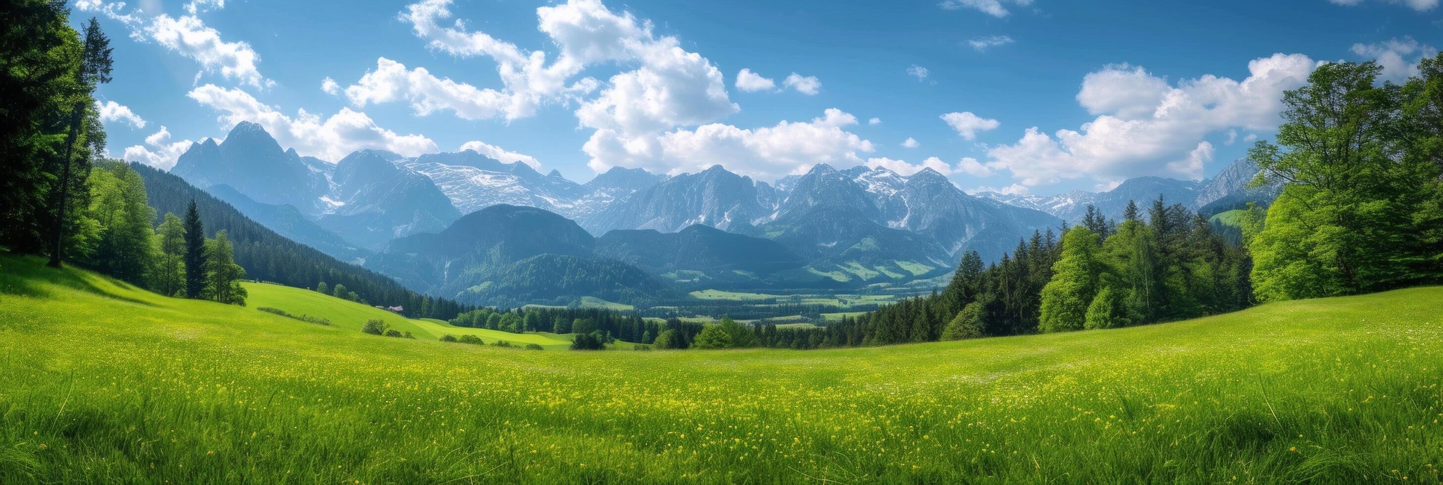 ai gerado lindo foto com sem fim alpino verde prados e montanhas dentro a fundo