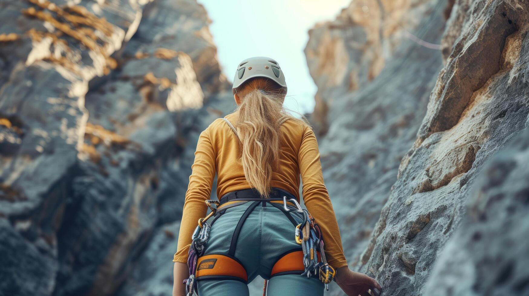 ai gerado uma lindo menina com uma Rocha alpinista é escalada a montanha foto