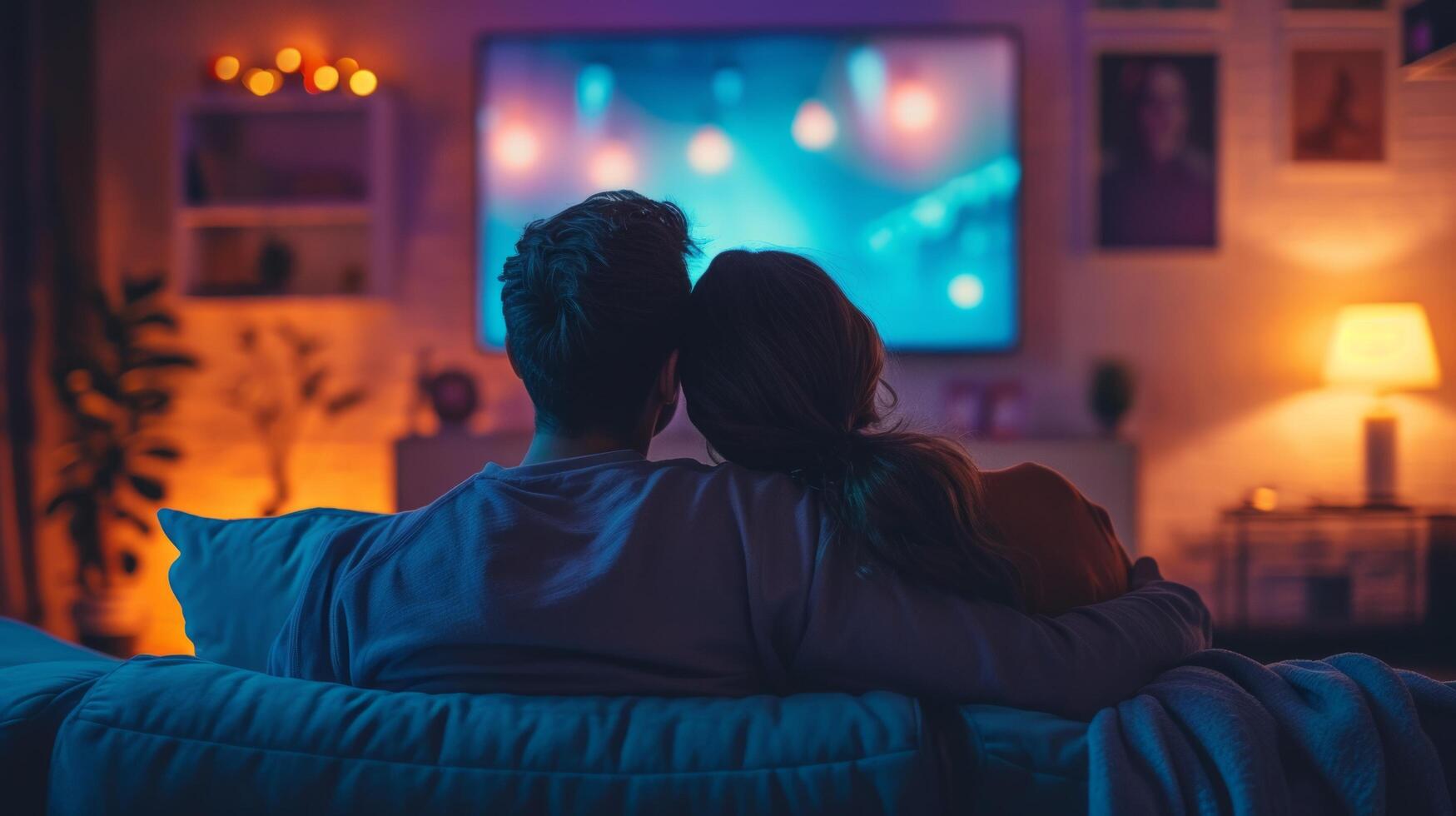 ai gerado uma casal abraço em a sofá, assistindo uma comovente filme juntos foto