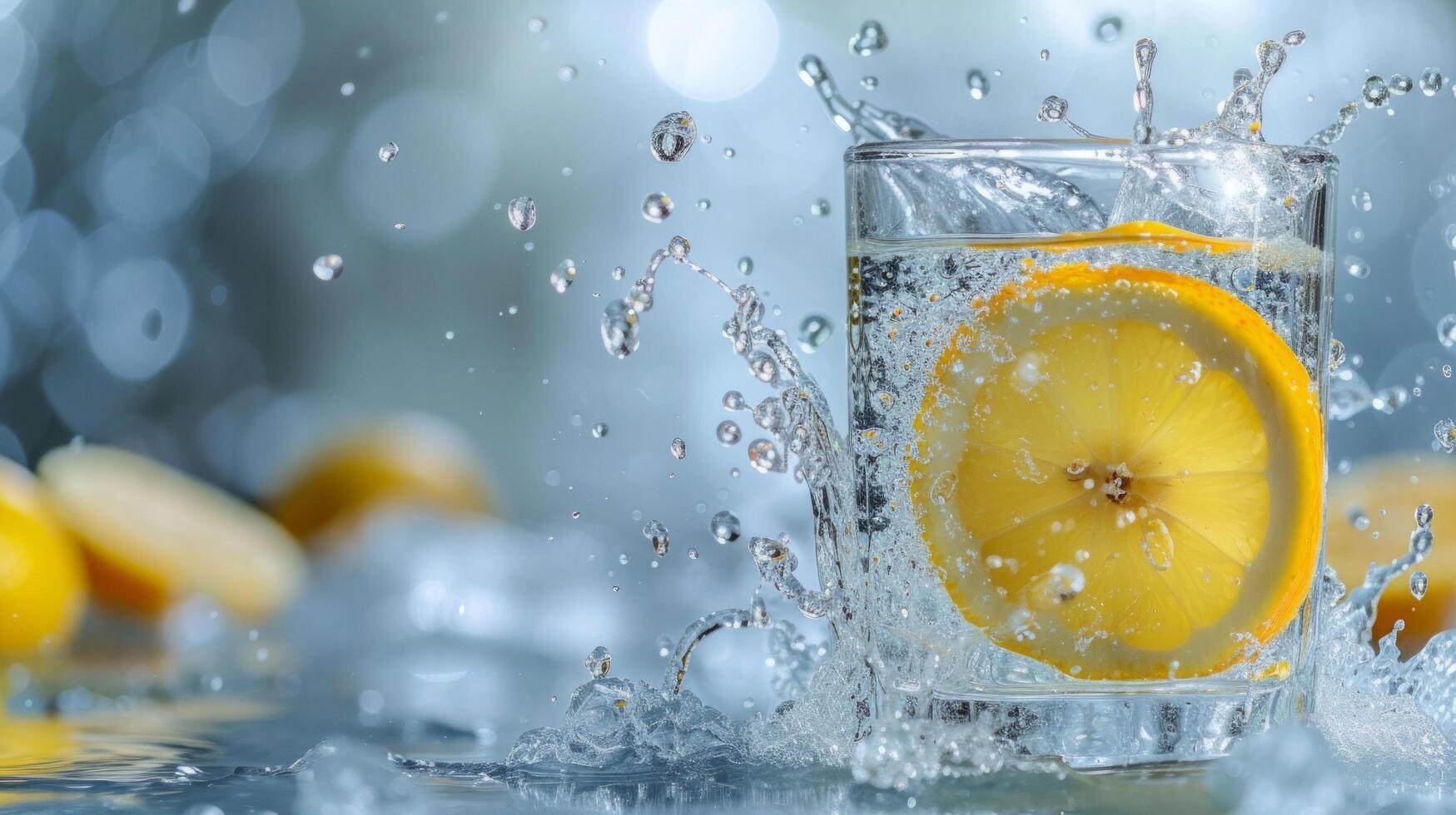 ai gerado uma limão metade mergulhos para dentro uma claro como cristal vidro do água, capturando uma refrescante momento foto
