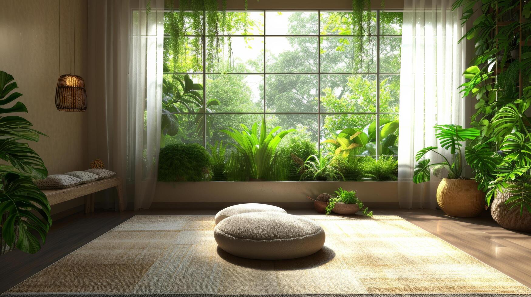 ai gerado uma pacífico meditação quarto adornado com plantas e natural elementos foto