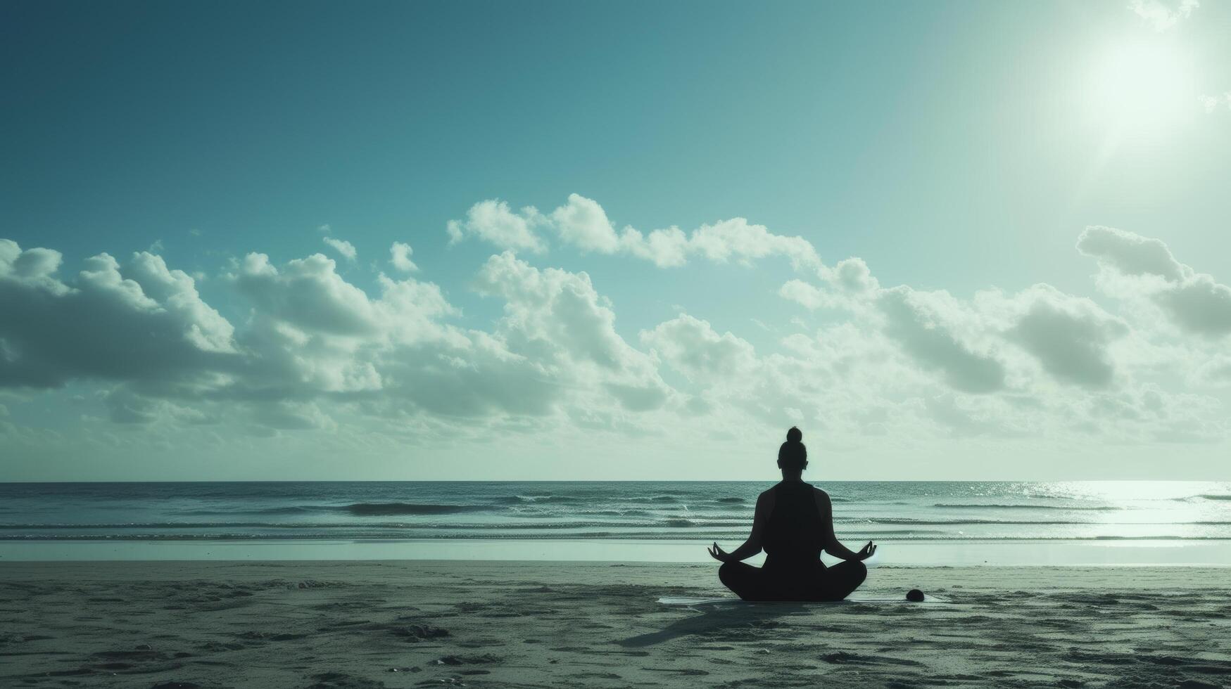 ai gerado uma silhueta meditador praticando ioga em uma tranquilo praia, conectando mente, corpo, e espírito foto