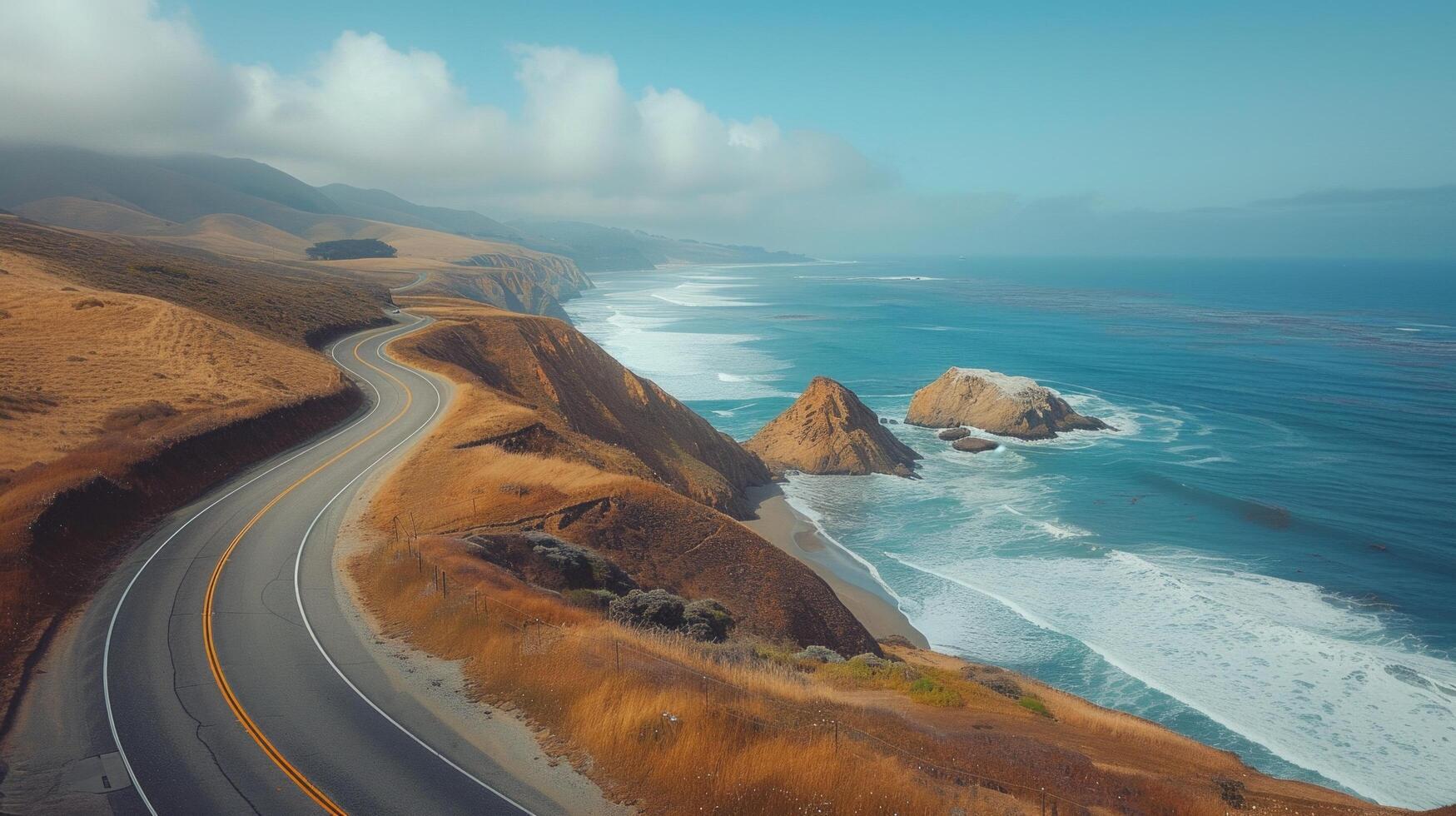 ai gerado uma cênico costeiro dirigir, com enrolamento estradas abraçando dramático falésias e oferta varrendo oceano Visualizações foto