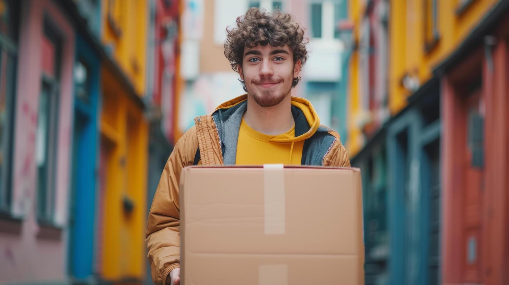 ai gerado uma jovem cara, uma carregador, é carregando uma ampla cartão caixa dentro dele mãos. ele parece às a Câmera e sorrisos foto