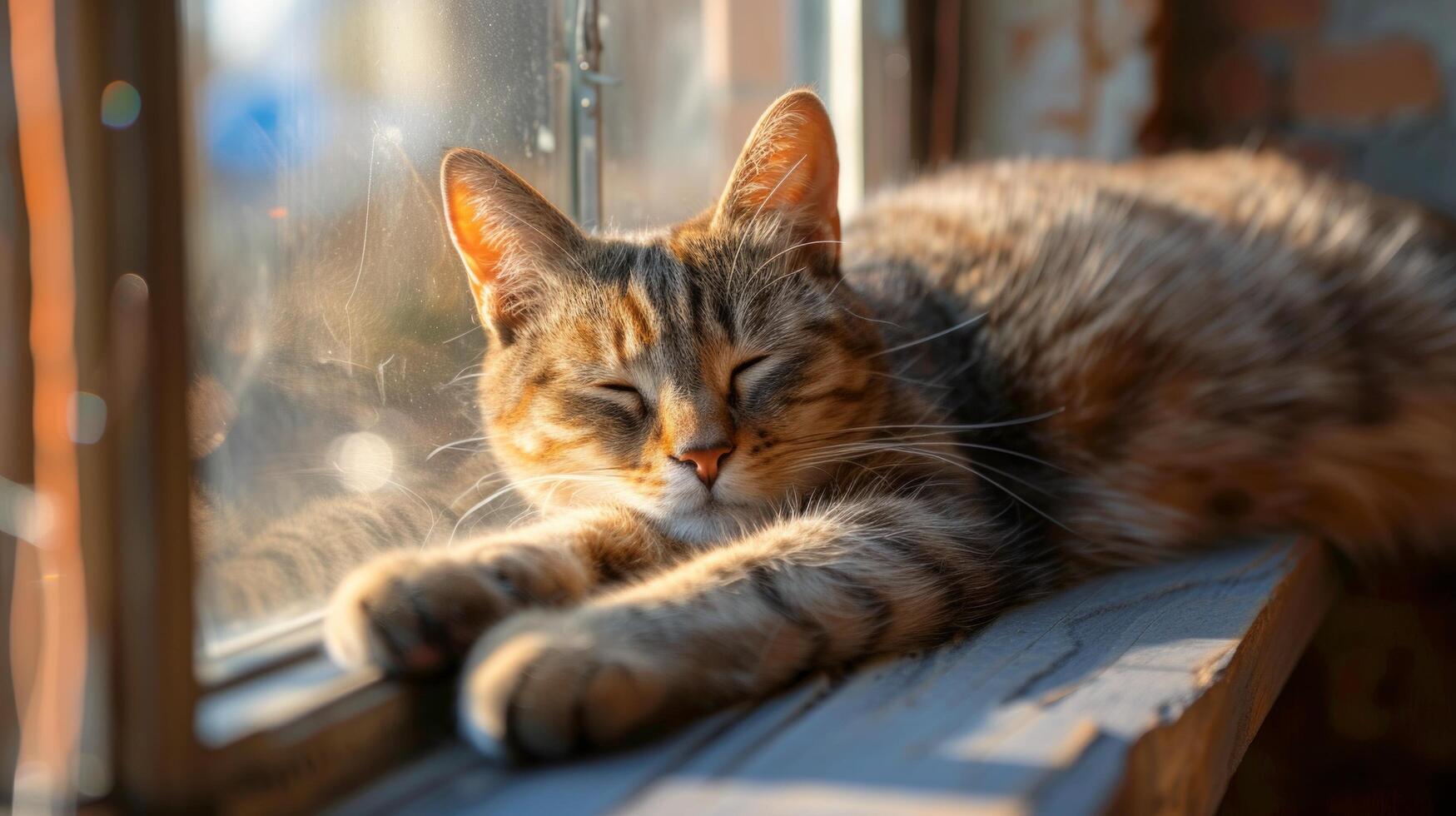 ai gerado lustroso felino esparramado preguiçosamente em uma iluminado pelo sol janela peitoril, olhos meio fechado dentro contentamento foto