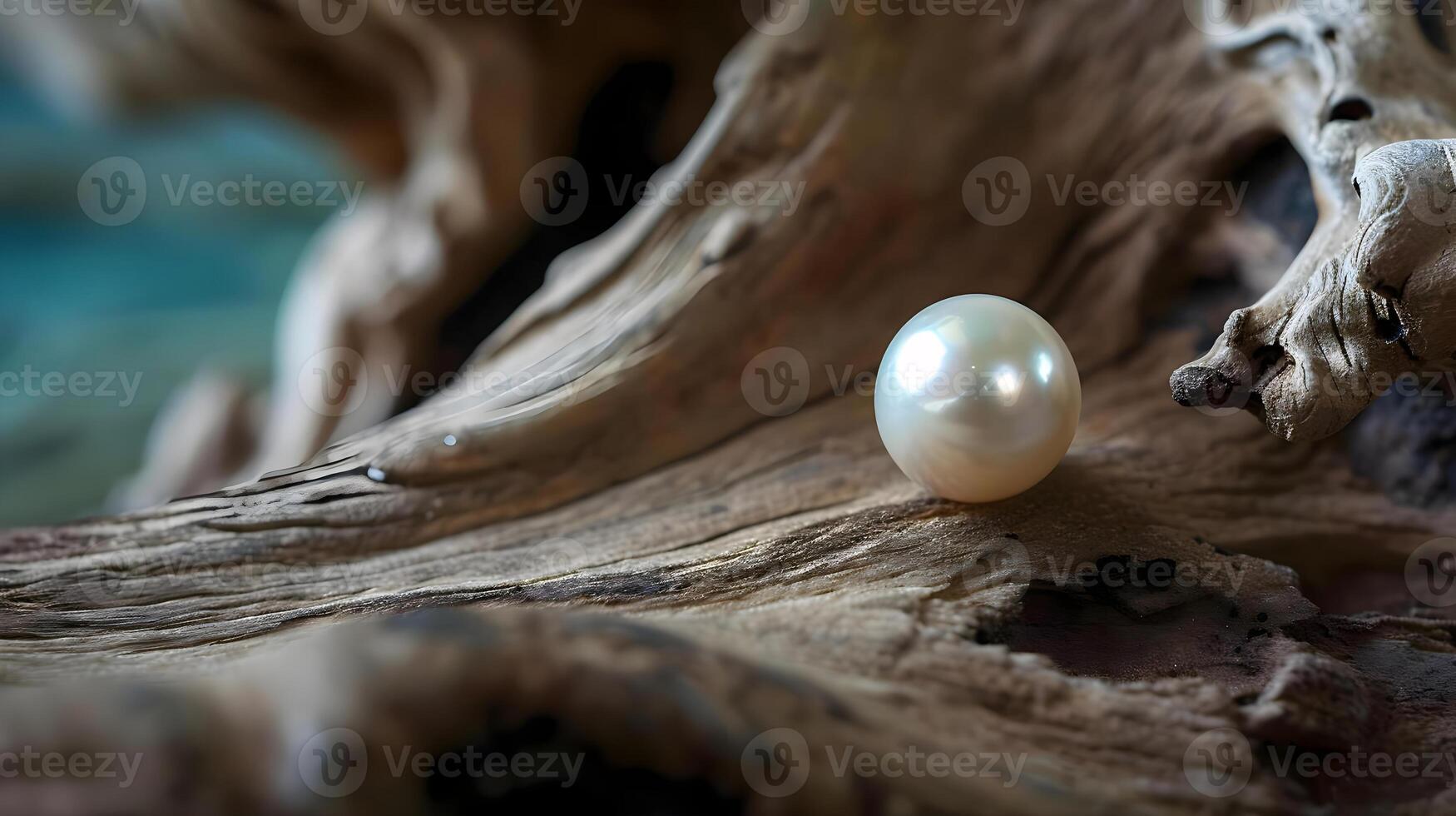 ai gerado uma branco pérola sentado em topo do uma peça do madeira foto