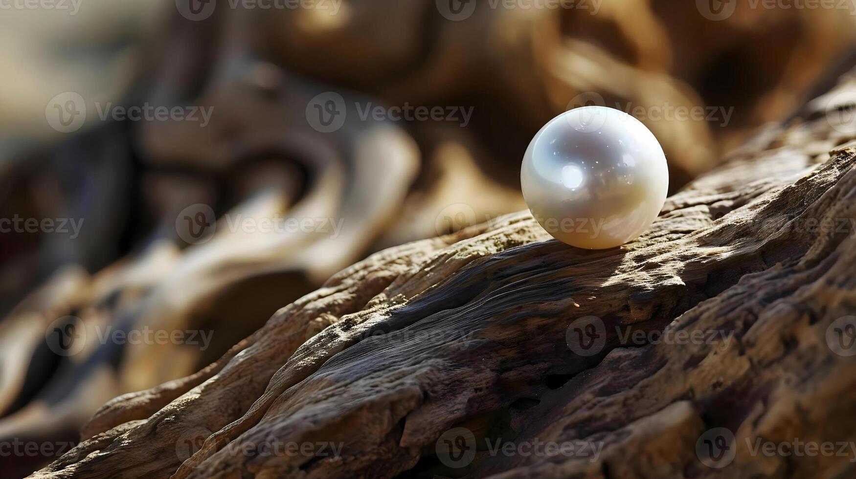 ai gerado uma solteiro pérola sentado em uma peça do madeira foto