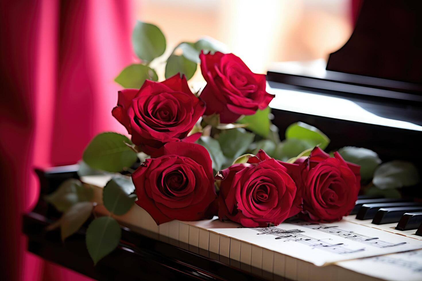 ai gerado lindo rosas colocada em uma piano simbolizar brilhante, alegre amor em cada ocasião e dia dos namorados dia festival, fofa foto