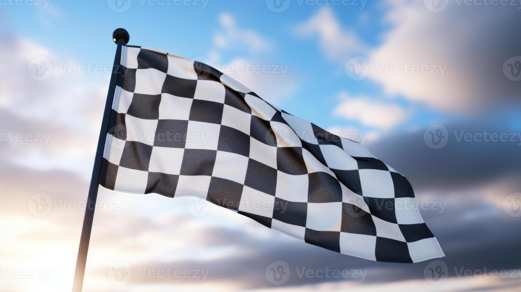 ai gerado raça bandeira acenando dentro a vento sobre asfalto estrada com nublado céu fundo foto