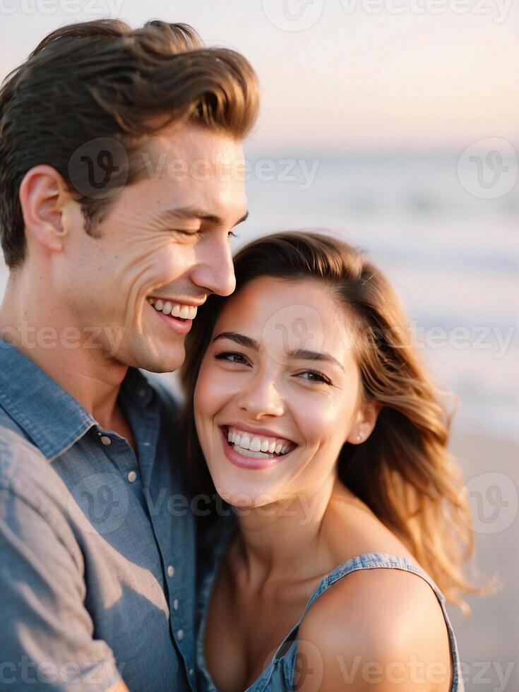 ai gerado feliz casal, amor e abraço rindo dentro alegre felicidade para vínculo Tempo juntos dentro a ao ar livre. foto