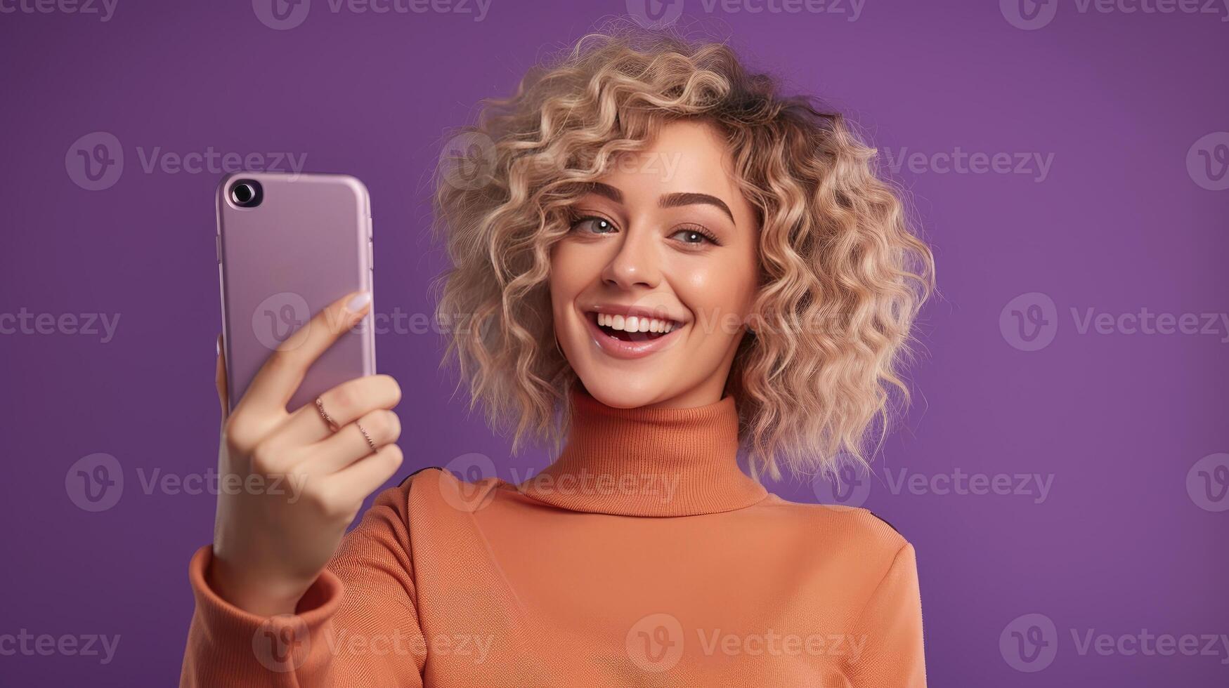 ai gerado à moda encaracolado Loiras mulher, pacífico gesto, sorrisos enquanto levando uma Smartphone selfie. moda e felicidade mistura contra uma vibrante roxa fundo, estilo de vida celebração do positividade foto