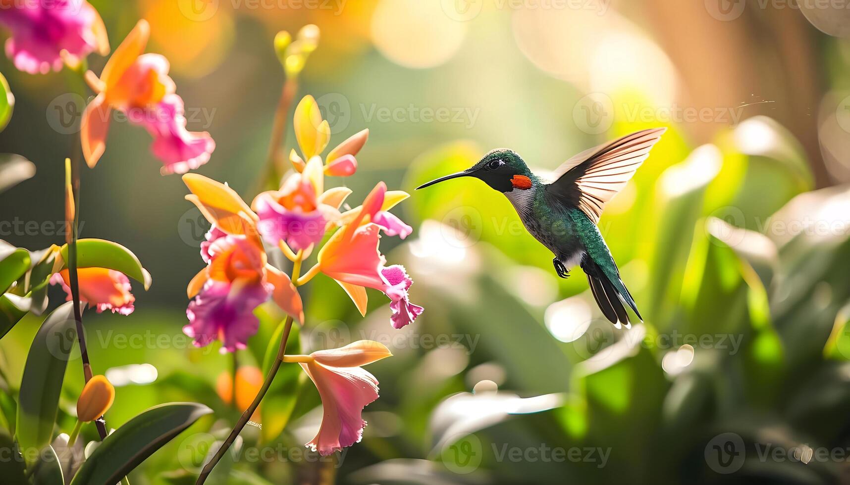 ai gerado uma beija Flor vôo sobre uma grupo do flores foto