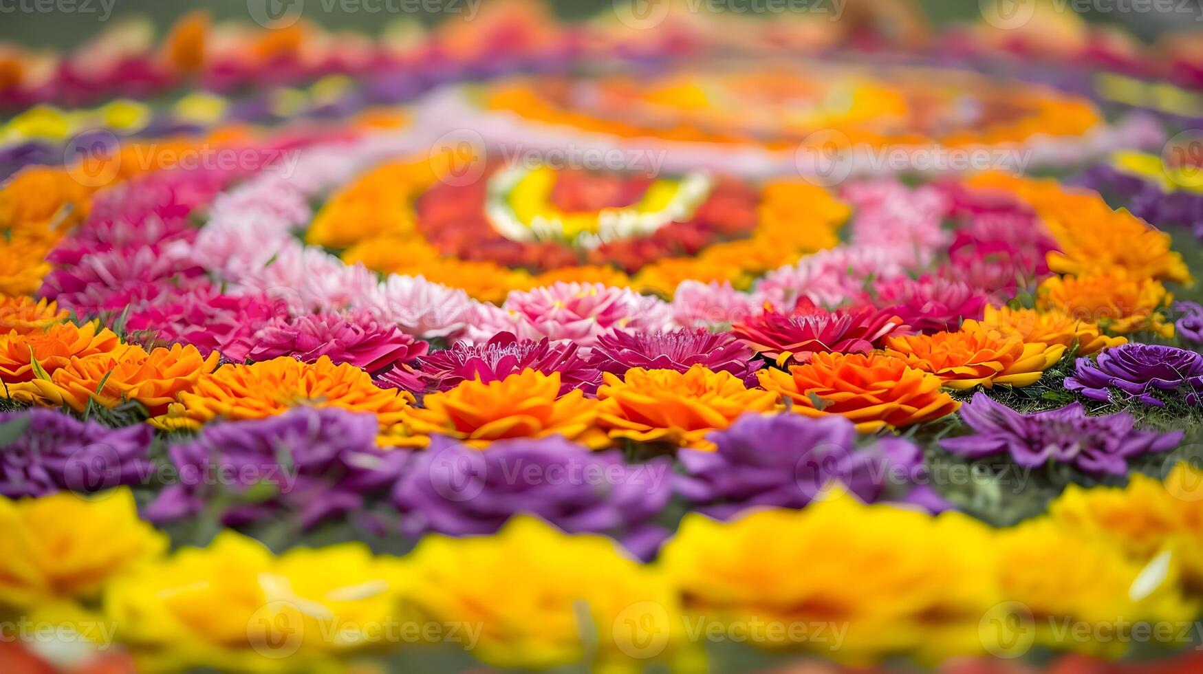 ai gerado uma circular arranjo do colorida flores arranjado dentro uma círculo foto