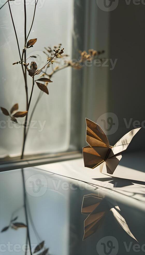 ai gerado uma papel borboleta sentado em topo do uma vidro mesa foto