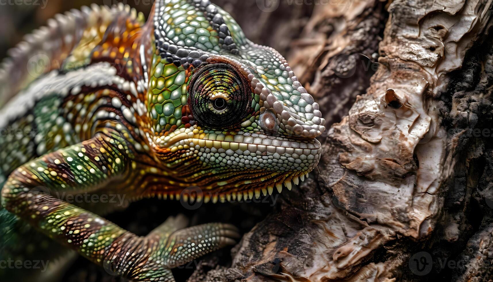 ai gerado uma fechar acima do uma lagarto em uma árvore foto